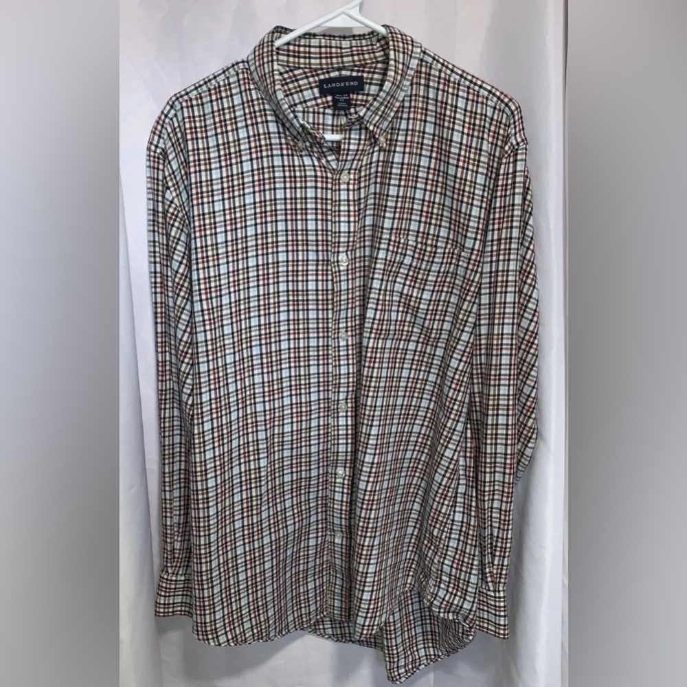 Lands' End Cotton Shirt Men’s Sz XL 16 1/2-34 Classic Plaid Blue Brown Burgundy